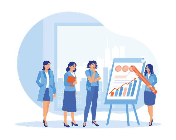 Female leader standing making flip chart presentation about business strategy  Illustration