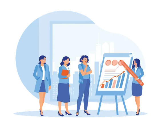 Female leader standing making flip chart presentation about business strategy  Illustration