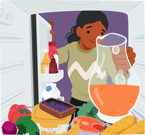 Female Leans Into Open Fridge and Rummaging Through Shelves Crowded With Containers  Illustration