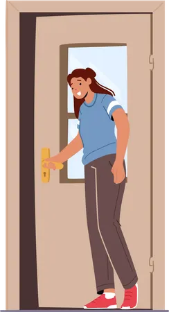 Female Character Opening Door Leaving Or Enter House Girl Stand At Open Doorway Isolated On White Background Invitation Entrance To Home Apartment Or Office Cartoon People Vector Illustration Illustration