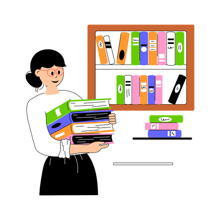 Female Librarian holding Book in Library  Illustration