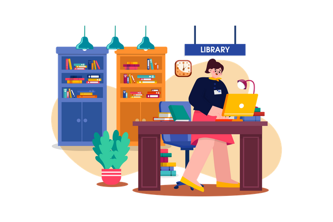 Female librarian working in library  Illustration