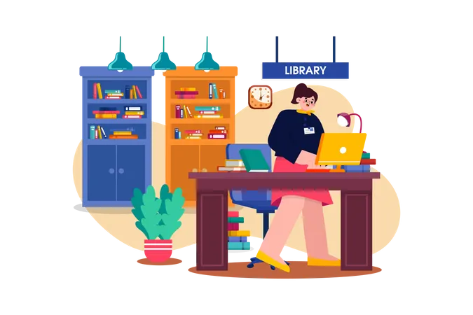 Female librarian working in library Illustration