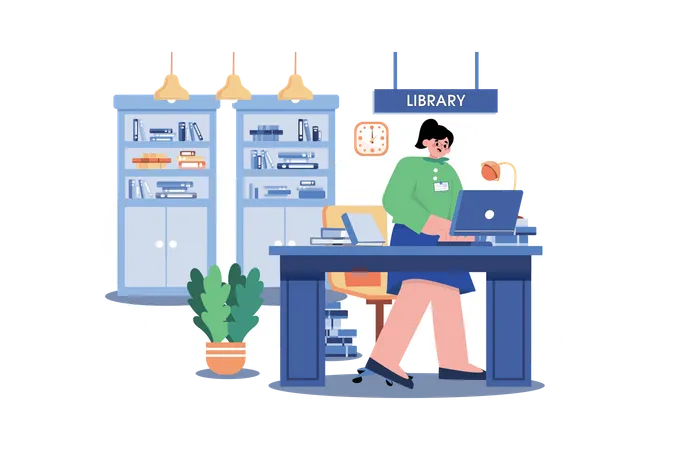 Female librarian working in library  Illustration