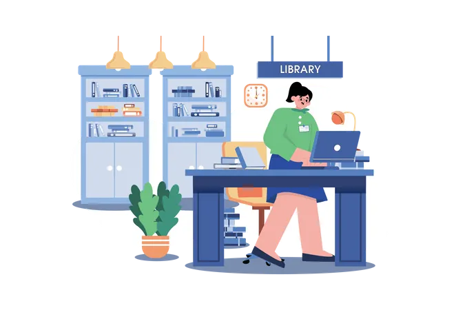 Female librarian working in library  イラスト