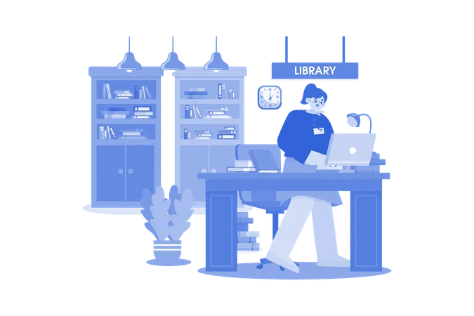 Female librarian working in library  Illustration