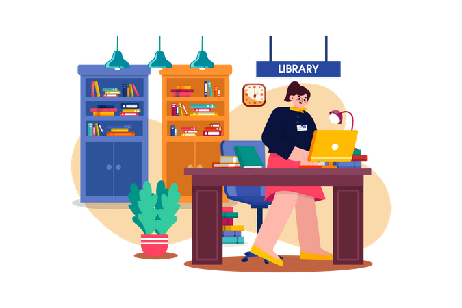 Female librarian working in library  Illustration