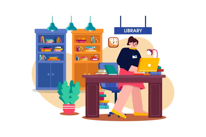 Female librarian working in library  Illustration