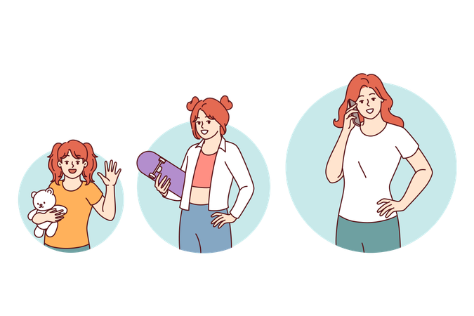 Female life cycle and stages of growth with little girl growing into teenager and adult human  Illustration