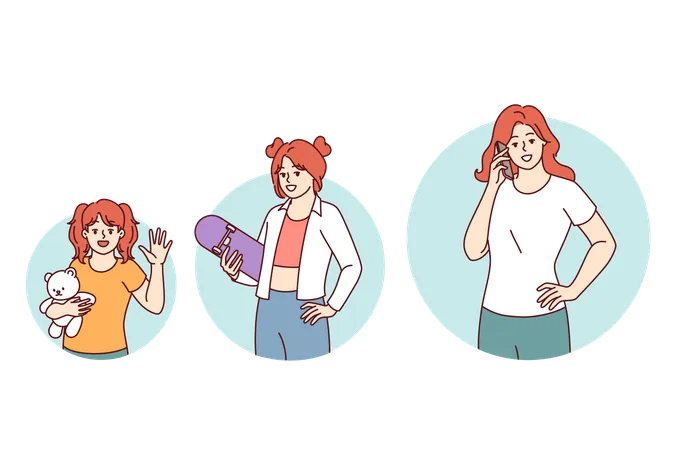 Female life cycle and stages of growth with little girl growing into teenager and adult human  Illustration