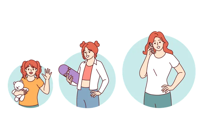 Female life cycle and stages of growth with little girl growing into teenager and adult human  Illustration