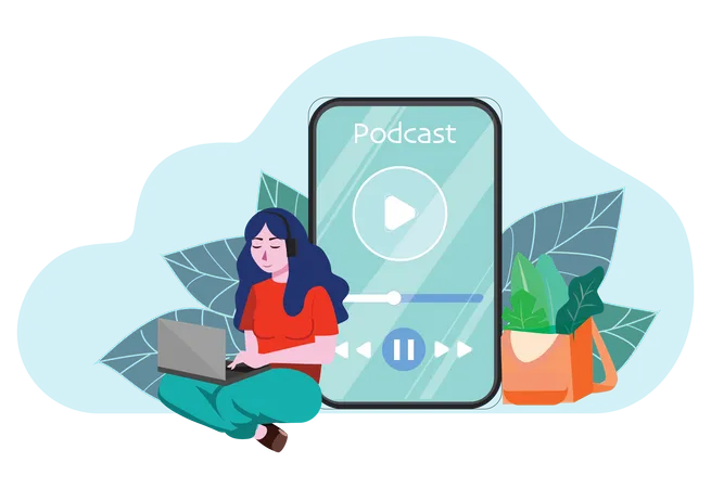 Female Listening Podcast on mobile Illustration