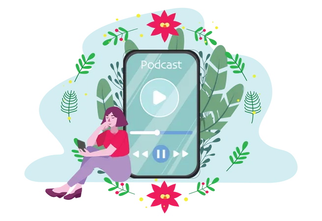 Female Listening Podcast on smartphone Illustration