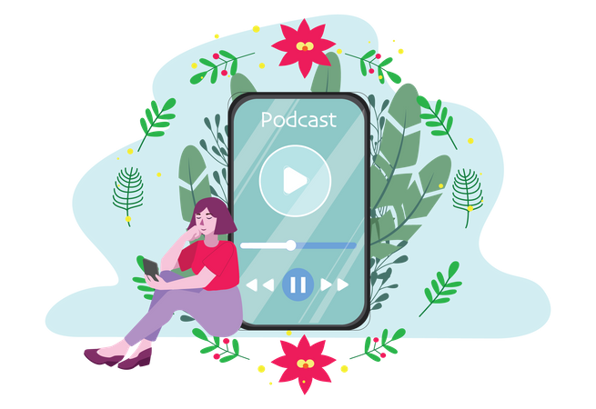 Female Listening Podcast on smartphone  Illustration