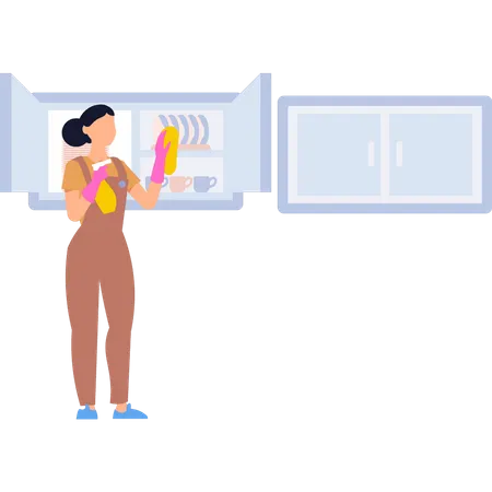 Female maid cleaning cupboards  Illustration