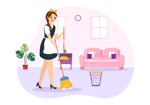Female Maid dusting living room Illustration