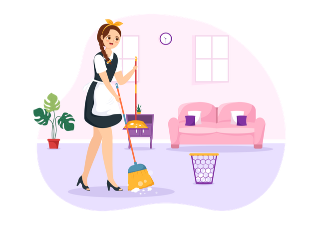 Female Maid dusting living room  Illustration