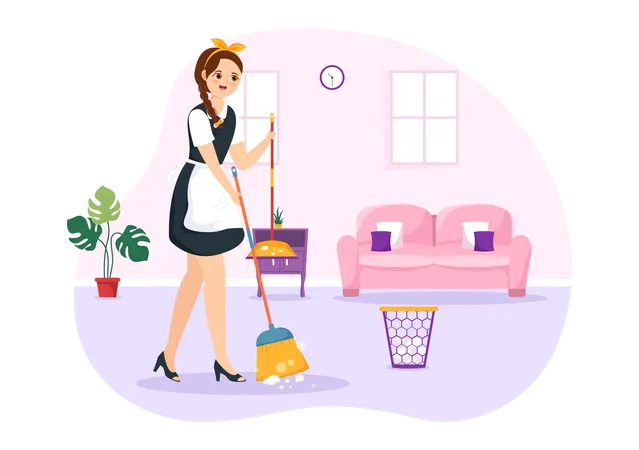 Female Maid dusting living room  Illustration