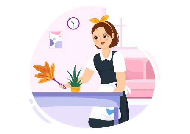 Female maid dusting table Illustration