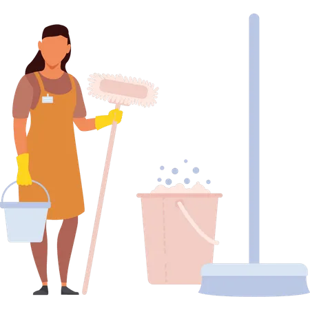 Female maid holding bucket and brush  Illustration