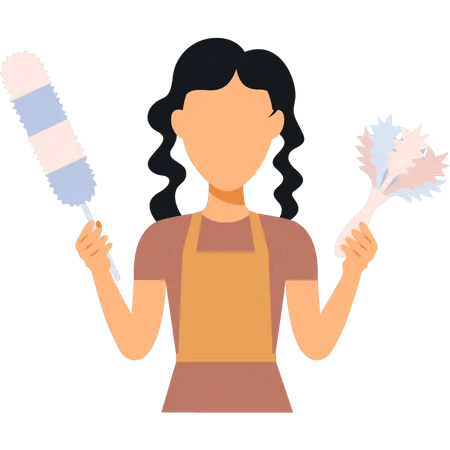 Female maid holding cleaning brush  Illustration