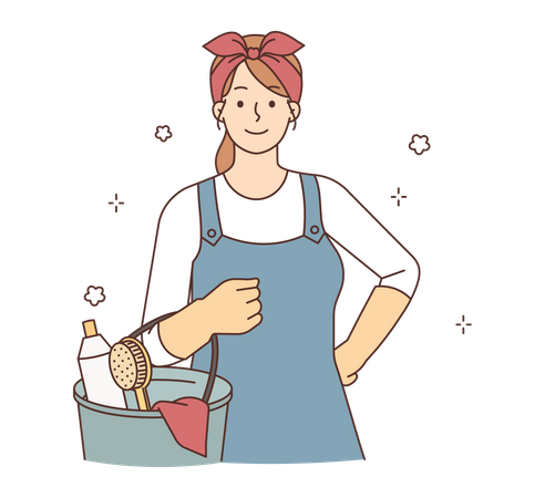 Female maid holding cleaning kit Illustration