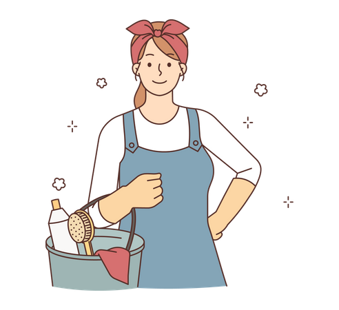 Female maid holding cleaning kit  Illustration