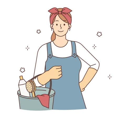 Female maid holding cleaning kit  Illustration