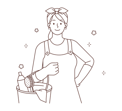 Female maid holding cleaning kit  Illustration