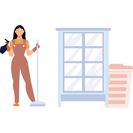 Female maid stands for cleaning  Illustration