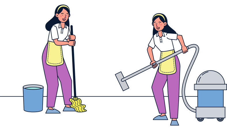 Female maid vacuuming and mopping floor Illustration