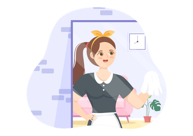 Female Maid wiping glass panel  Illustration