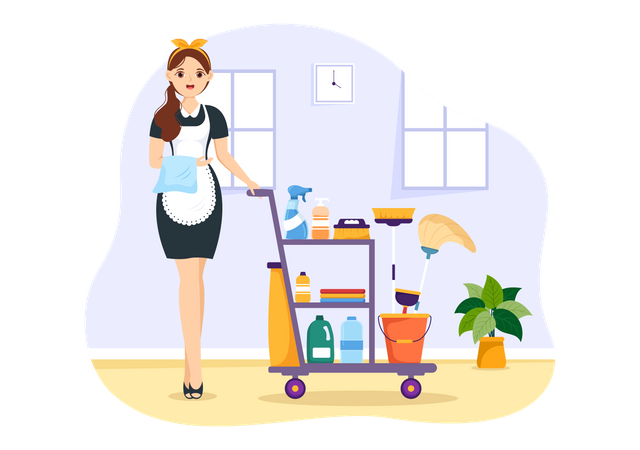 Female maid with cleaning cart Illustration