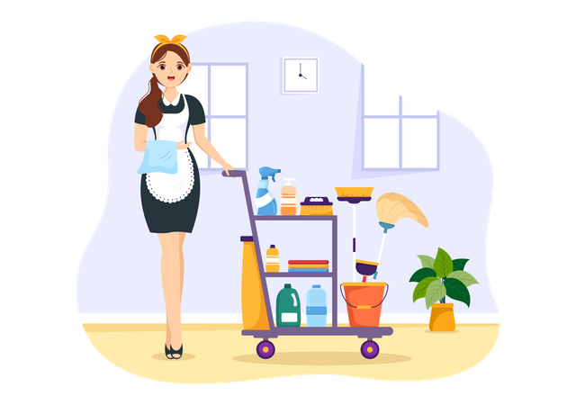Female maid with cleaning cart  Illustration