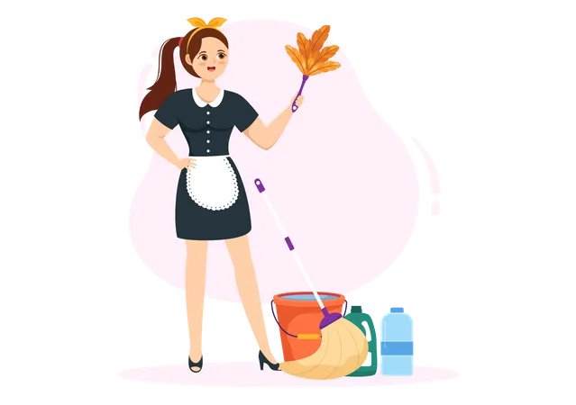 Female maid with duster Illustration