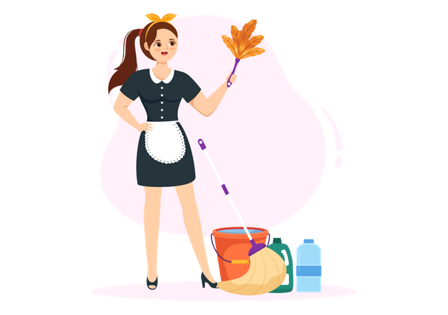 Female maid with duster  Illustration