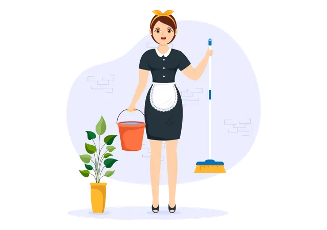 Female maid with mop and bucket Illustration