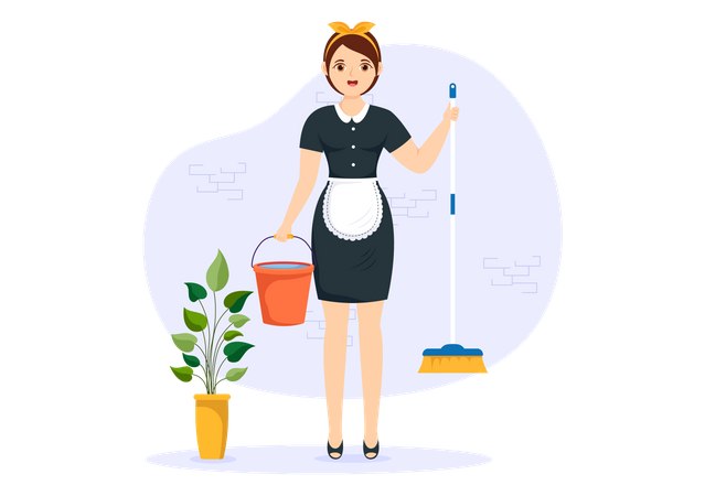 Female maid with mop and bucket  Illustration