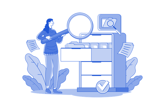 Female Manager Holding A Magnifying Glass And Looking For Documents In The Cabinet Illustration