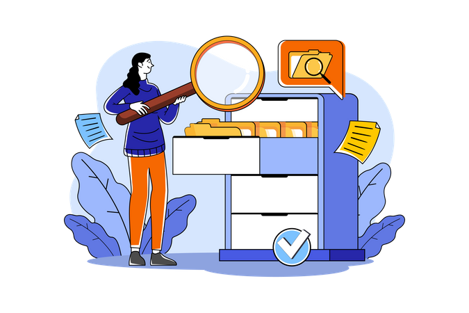 Female manager holding a magnifying glass and looking for documents in the cabinet  Illustration