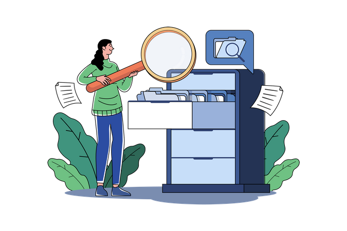 Female Manager Holding A Magnifying Glass And Looking For Documents In The Cabinet  Illustration