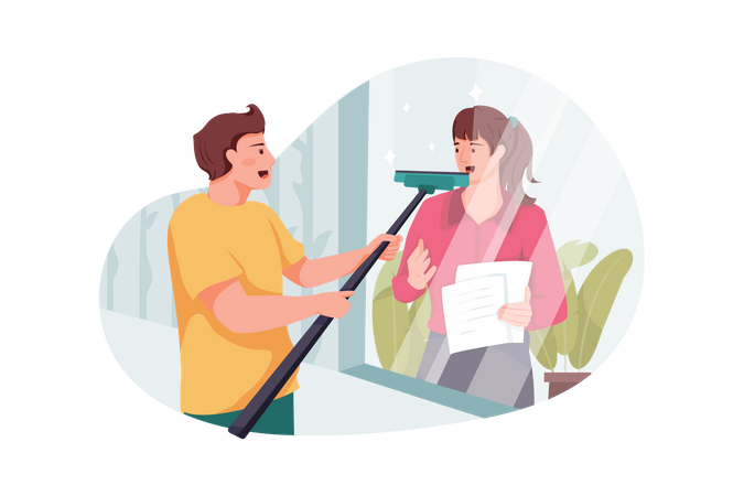 Female manager looking and male worker cleaning the glass  イラスト