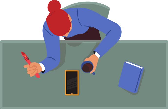 Female Manager Or Clerk Sitting At Workplace In Office With Smartphone And Coffee Cup Top View  Illustration
