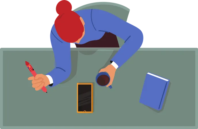 Female Manager Or Clerk Sitting At Workplace In Office With Smartphone And Coffee Cup Top View  Illustration