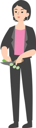 Female manager standing and cutting vegetables  Illustration