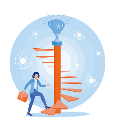 Female manager with briefcase climbing stairs while Achieve business targets  Illustration