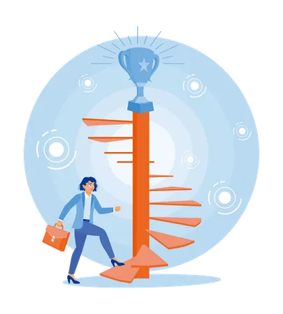 Female manager with briefcase climbing stairs while Achieve business targets  Illustration