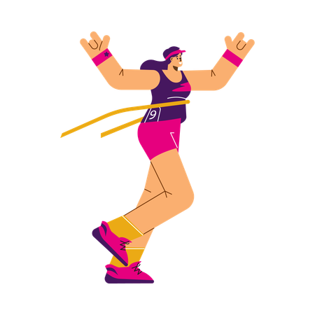 Female marathon runner cross finish line and won marathon  Illustration