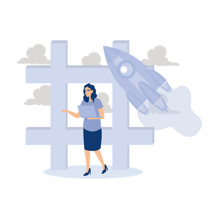 Female marketer using laptop on moving hashtag with rocket booster  イラスト