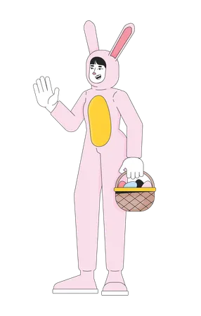 Easter Bunny Woman Asian 2 D Linear Cartoon Character Young Adult Female Mascot Rabbit Isolated Line Vector Person White Background Hare Costume Girl Holding Basket Color Flat Spot Illustration Illustration